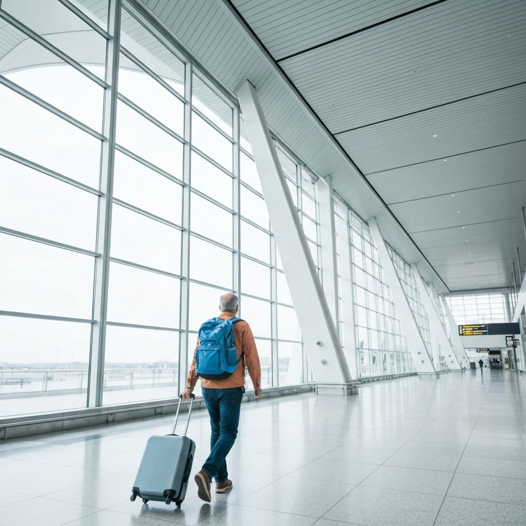 Aeroporto moderno com passageiro e malas – viagem planejada pela Livres Travel